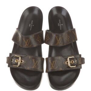 Louis Vuitton Black and Brown Monogram Slide Sandals